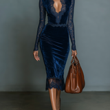 V-Neck Lace Velvet Midi Dress