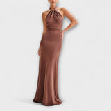 Long dress with a tie and a silky effect