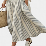 Casual Daisy szett oversize pólóval és midi szoknyával, leni bambusz szalagokkal, elegáns és kényelmes stílushoz