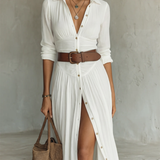 White linen, pleated maxi dress