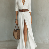 White linen, pleated maxi dress