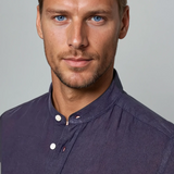 Navy blue linen shirt with a stand-up collar