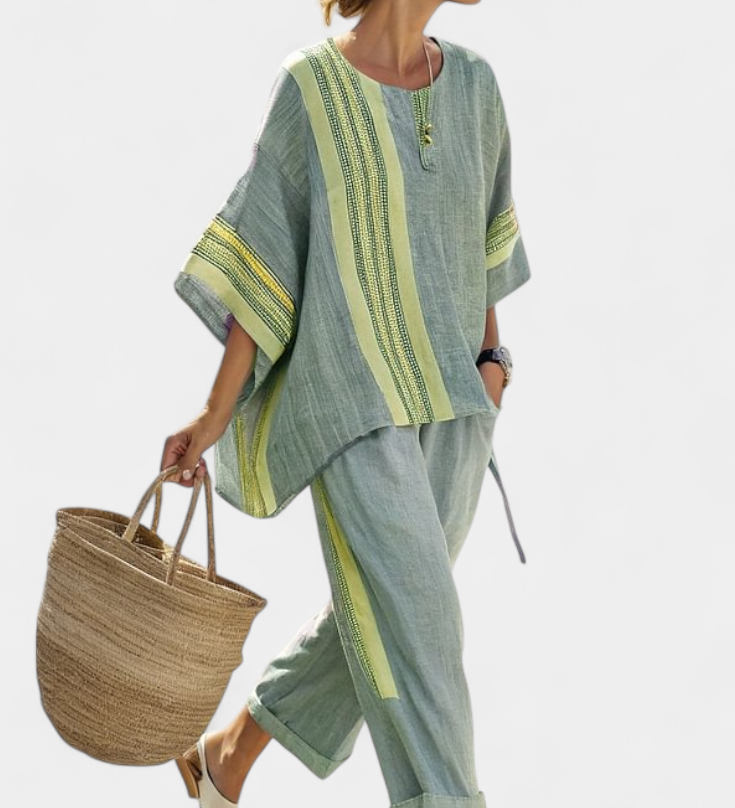 Linen-bamboo set with charming lavender and yellow stripes