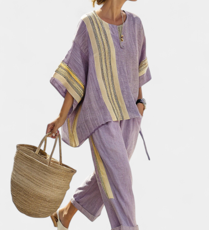 Linen-bamboo set with charming lavender and yellow stripes