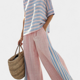 Bamboo Linen Set Daisy Mediterranean, with delicate pink and elegant blue stripes