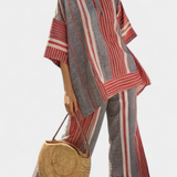Large Daisy Combination Dress in Linen with Red Coral and Grey Stripes, Modern and Comfortable Style
