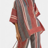 Large Daisy Combination Dress in Linen with Red Coral and Grey Stripes, Modern and Comfortable Style