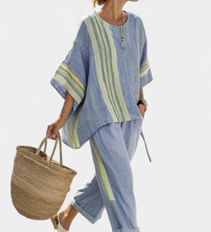 Linen-bamboo set with charming lavender and yellow stripes