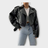 Short leather jacket with a belt