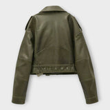 Modern Short Leather Jacket with Belt and Subtle Aesthetics