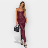 Midi length leather-sleeved dress with a modern style expression