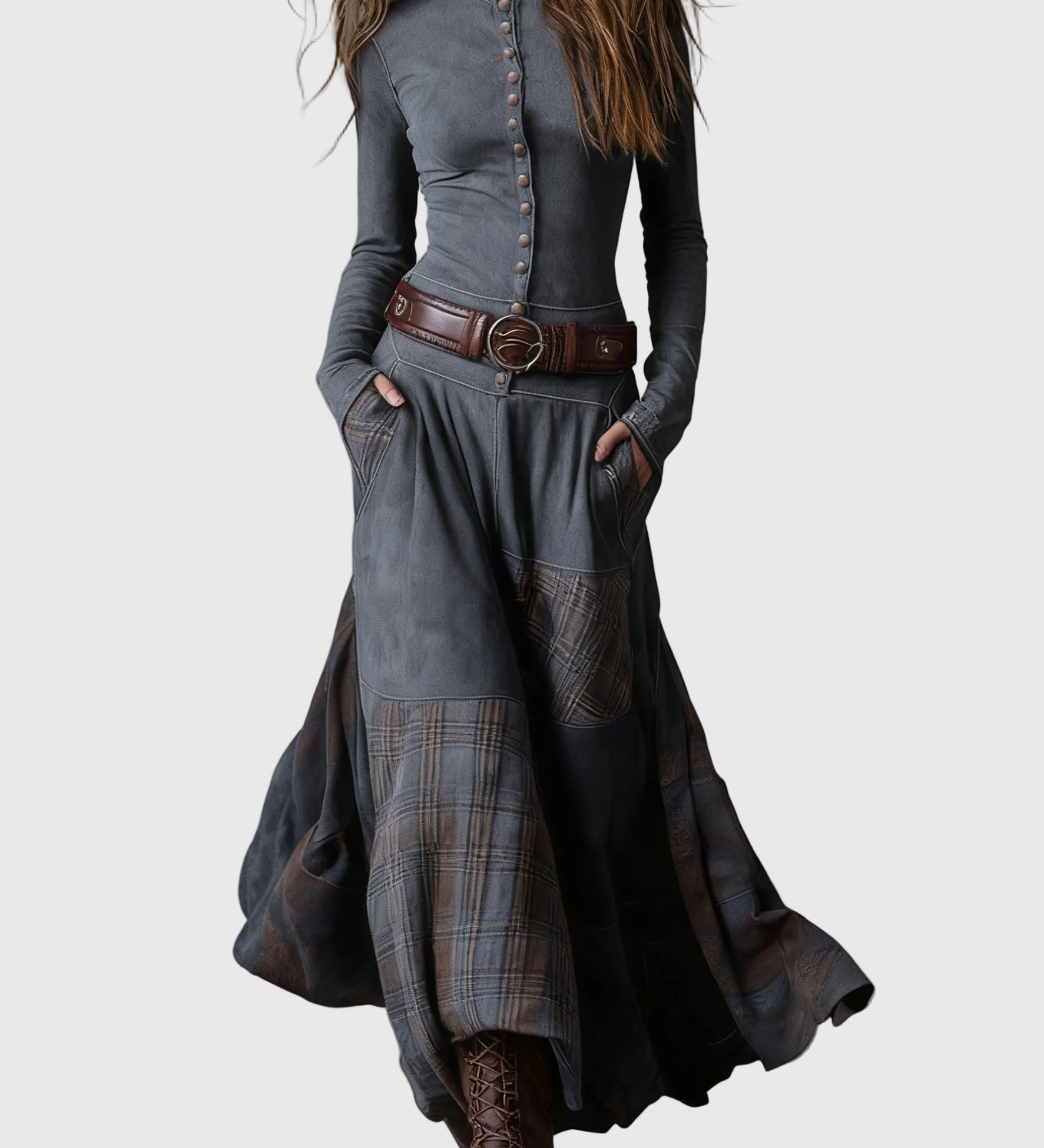Azucena - Maxi dress with belt, made of eco-suede