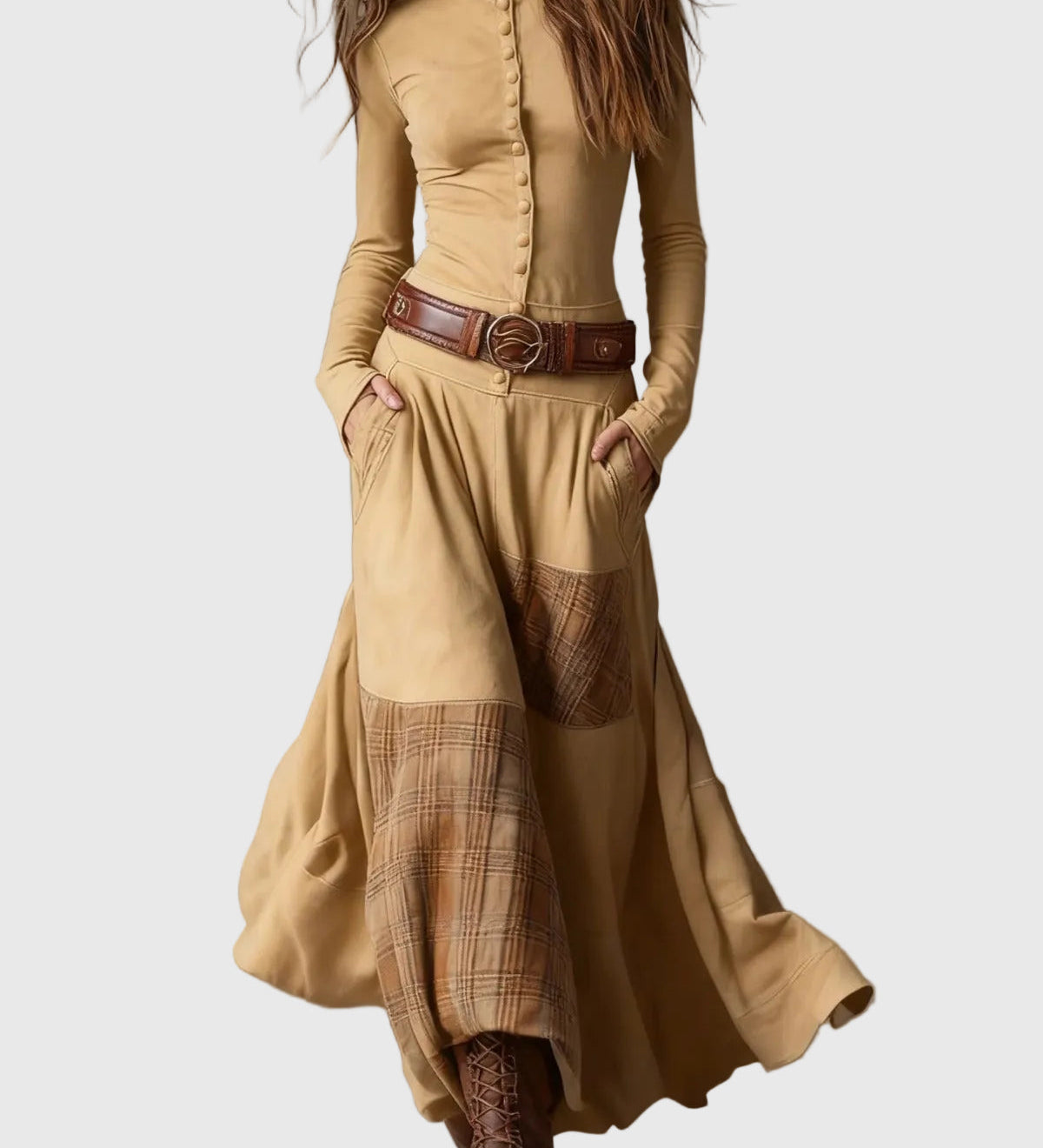 Azucena - Maxi dress with belt, made of eco-suede