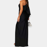 Maxi dress with asymmetrical shoulder strap and flared skirt