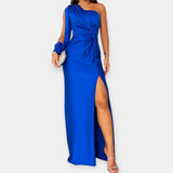 Maxi dress with asymmetrical shoulder strap and flared skirt