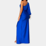 Maxi dress with asymmetrical shoulder strap and flared skirt