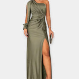 Maxi dress with asymmetrical shoulder strap and flared skirt