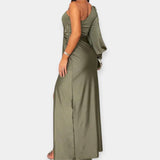 Maxi dress with asymmetrical shoulder strap and flared skirt