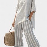 Daisy Set with Asymmetrical T-Shirt and Striped Trousers for a Modern and Elegant Style