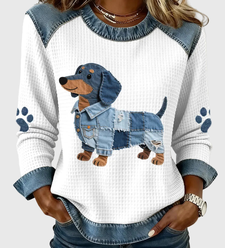 Nuria - Charming Dachshund with patchwork jeans